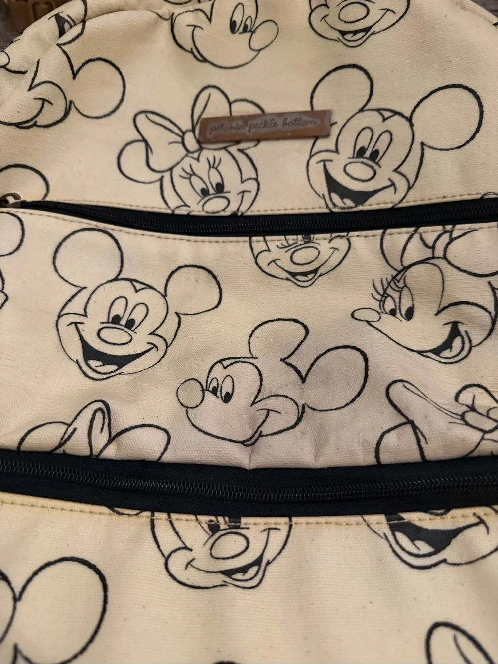 Petunia Pickle Bottom Kids Cream and Black Mickey & Minnie Print Diaperbag